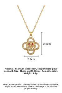 Detail view of flower smiley face necklace with dimensions and material specs
