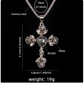 Detailed dimensions of the cross necklace with heart gem and rose petal accents