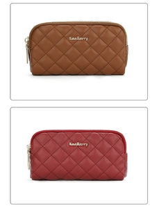 Detail of brown and red quilted PU leather long clutches with dual zippers by Baellerry