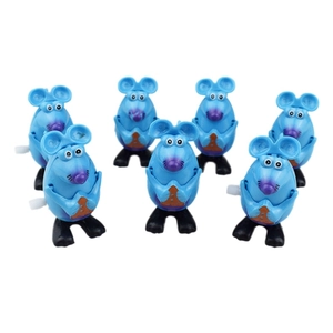 Set of six blue clockwork wind-up toy mice holding cheese for kids and pets