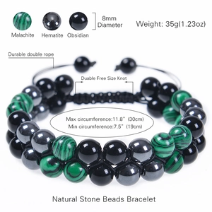 Double-layered braided bracelet with natural malachite obsidian and hematite beads