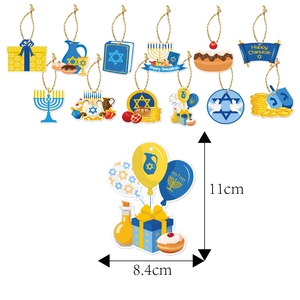 Hanukkah party decoration set with blue and gold paper ornaments and menorah charms