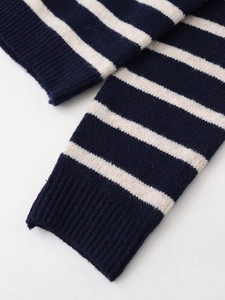 Detail of ribbed cuffs on a striped crew neck knit cardigan in navy and cream