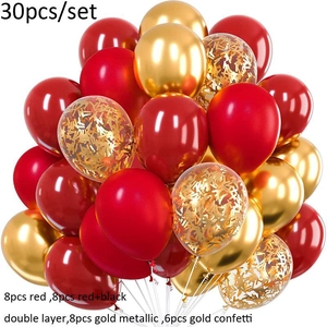 Close-up of 30pcs party balloon set featuring gold metallic and red confetti balloons