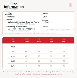 Size chart for slim fit racerback sports tank top with fabric specs and measurements