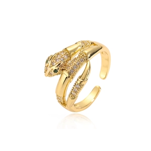 Retro 18K gold plated snake open ring with white zirconia and green gemstone eyes