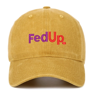 Detail of mustard yellow washed cotton baseball cap with FedUp. logo embroidery