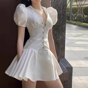Satin V-Neck Mini Dress Long Sleeve High Waist Pleated Button Down Solid Black Elegant Party For Women