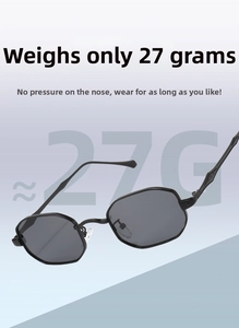 Detail of lightweight 27g metal polygon sunglasses with geometric textured temples
