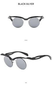 Front and side views of black-silver sunglasses with wavy frames and round lenses