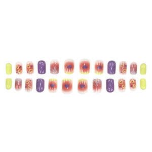 Short squoval press-on nails set with pink yellow gradient and purple heart designs