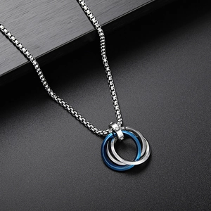 Mens stainless steel interlocking triple ring pendant necklace with blue ring and small diamond
