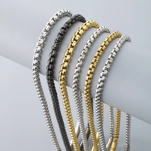 Detailed comparison of titanium steel box chains in gold, silver, black, and antique silver