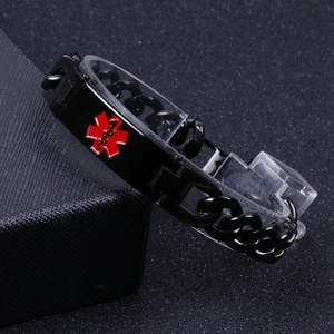 Men's black stainless steel medical alert bracelet with red Star of Life symbol