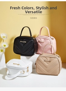 Detail of V-quilted faux leather bags in black, pink, white, and beige with metal logos