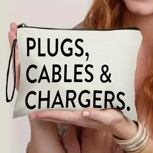 Portable cream canvas organizer bag for cables and chargers with black zipper handle