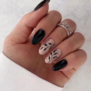 Medium Long Oval Press On Nails Glossy Black Pink Leaf Silhouette Design Ink Splatter Art Full Cover Fake Nails For Women