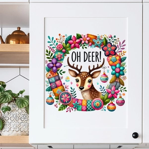 Christmas deer wall sticker with floral wreath and Oh Deer text for home decor