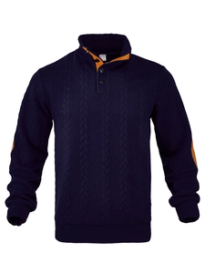 Detailed view of dark blue Henley shirt with orange elbow patches and collar lining