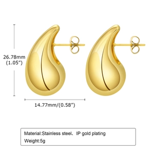 Macro view of water drop earrings showing dimensions and vacuum gold plating details