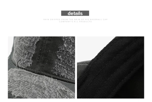 Detailed close-up of distressed brim and vintage stitching on a black cotton baseball cap