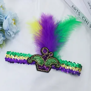 Mardi Gras feather sequin headband in purple green and gold for festival carnival parties
