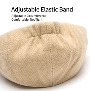 Detail of adjustable elastic band on wool blend newsboy cap for custom fit and comfort