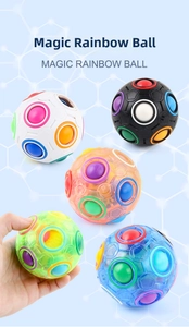 Magic rainbow ball puzzle showing white, black and transparent color versions with 12 holes