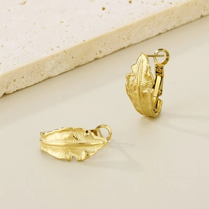 Elegant gold leaf texture stainless steel hoop earrings with brushed metal finish