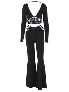 Women's black two-piece set featuring a V-neck long sleeve crop top and cutout flare pants