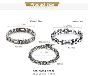 Specifiche dettagliate sulle dimensioni dei bracciali punk in acciaio con fibbia OT e motivi