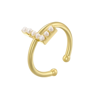 Detail of elegant gold V-shaped open ring featuring seven small inlaid pearls