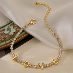 Luxurious 18K gold plated copper LOVE bracelet with sparkling zircon stones