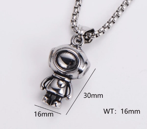 Macro detail of silver astronaut pendant necklace showing 30mm height and dimensions