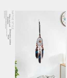 Detail of dreamcatcher featuring dark brown natural feathers and blue spotted accents