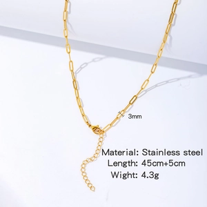 Macro detail of 3mm stainless steel chain with lobster clasp and length specifications