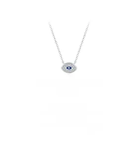 Close-up of S925 silver evil eye pendant with blue center and white zircon stones
