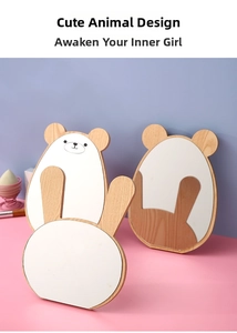 Detailed view of bear-shaped wooden makeup mirror with printed facial expression and wood grain
