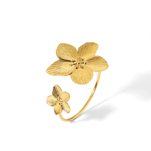 French vintage style gold flower open bangle with brushed texture and floral design