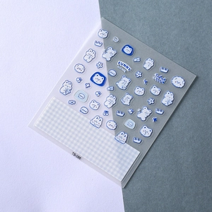 Autocollants 5D mignons d'ours et de lapins pour ongles avec motifs à carreaux bleus