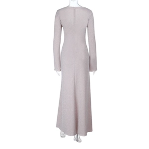Back view of bodycon maxi dress featuring lavender glitter fabric and hidden zipper detail
