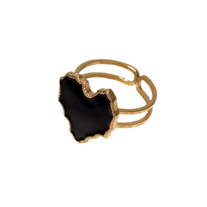 Minimalist adjustable gold ring with black African map pendant and wavy metal border