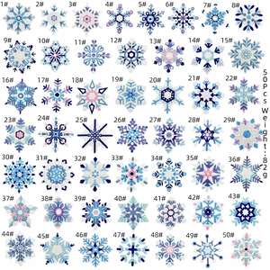 Macro view of 50 assorted snowflake embroidery patches in blue and white colors