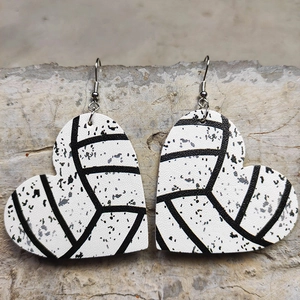 Handmade heart-shaped volleyball pattern leather earrings with vintage distressed finish