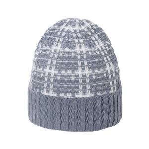 Winter plaid knit beanie with thick grey ribbed cuff for men and women