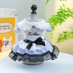 Détail de robe pour chien à carreaux bleus avec col en dentelle et broderie