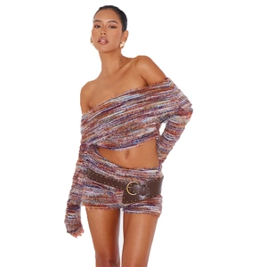 Two-piece fuzzy knit set with striped off-shoulder long sleeve top and shorts