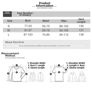 Tableau des tailles pour robe moulante à col en U avec mesures pour S, M et L