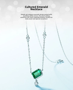 Macro shot of lab-grown emerald pendant featuring rectangular cut gem and silver chain