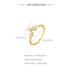 Detailed specs of a 925 silver adjustable gold ring featuring three zircon flower petals